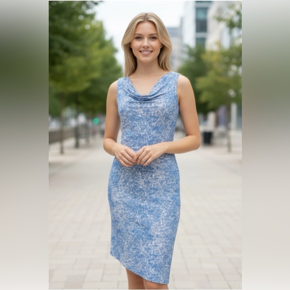 FRENCH CURVE Women’s Size M Blue Vintage Cowl-neck Asymmetrical Hem Sheath Dress
